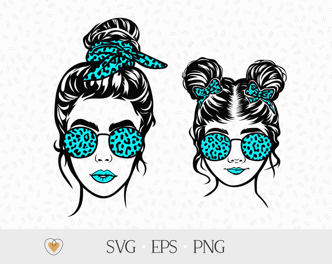 Mom and Daughter With Messy Bun and Glasses Svg, Mom Life Svg, Leopard ...