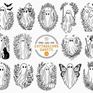 May include: A collection of black and white line art illustrations featuring ghosts in various settings with flowers, mushrooms, cats, and lanterns. The central circular text reads PNG SVG DXF COTTAGECORE GHOSTS 24. These designs are presented as a grid.