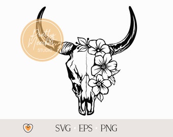 Floral bull skull svg, Western svg, Cow skull with flowers svg, png