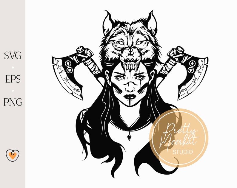 Peut inclure: Illustration en noir et blanc d'une femme avec une coiffe de t&ecirc;te de loup et deux haches derri&egrave;re elle. La femme a une expression f&eacute;roce et porte des marques tribales sur son visage. Le texte "Pretty Meerkat Studio" est dans le coin inf&eacute;rieur droit.