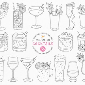Könnte beinhalten: Schwarz-Weiß-Illustration von 15 verschiedenen Cocktails, darunter Martinis und Highballs. Jedes Getränk ist mit Früchten, Kräutern oder anderen dekorativen Elementen garniert. Der Text "COCKTAILS 35" ist in einem Kreis enthalten.