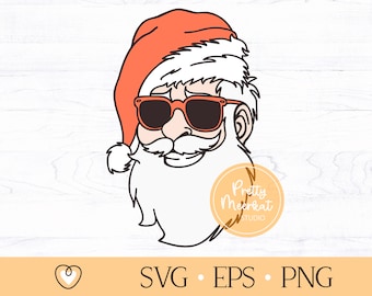 May include: A line drawing of Santa Claus wearing sunglasses. He has a red hat and a white beard. The image is in a white background with a watermark that says "Pretty Meerkat Studio".