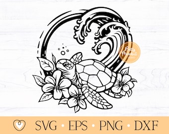 Könnte beinhalten: Schwarz-weiß-Linienkunst-Illustration einer Meeresschildkröte, die in einer Welle mit Blumen schwimmt. Die Schildkröte blickt nach rechts im Bild. Die Welle befindet sich hinter der Schildkröte und rollt über den Panzer der Schildkröte. Die Blumen befinden sich in der linken unteren Ecke des Bildes.
