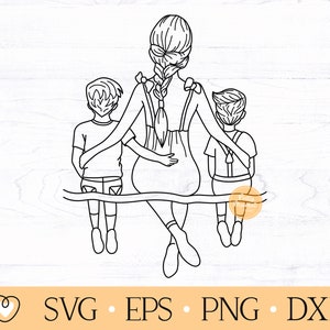 Peut inclure: Dessin au trait d'une mère et de deux enfants se tenant la main. La mère est au centre et les enfants sont de chaque côté d'elle. Ils sourient tous.