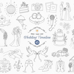 Könnte beinhalten: Schwarz-Weiß-Illustrationen mit Hochzeitsthemen, darunter Kuchen, Ringe, Braut und Bräutigam, ein Auto und eine Kirche. Der Text "Wedding Timeline" ist ebenfalls vorhanden.