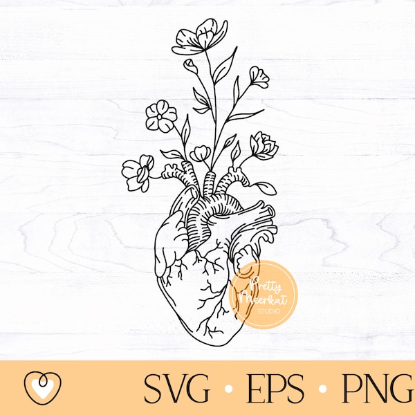 Anatomical heart with Wildflowers svg, Floral heart svg, Human heart svg, Realistic heart svg, png