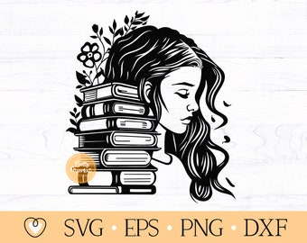 Girl Reading Books SVG, Librarian Clipart (Digital Files)