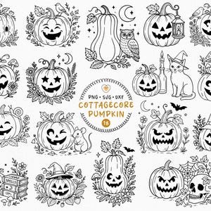 May include: A collection of eighteen black and white line art illustrations featuring pumpkins with various expressions, surrounded by elements like owls, cats, mice, mushrooms, flowers, spiderwebs, skulls, and books, with the text COTTAGECORE PUMPKIN 18.