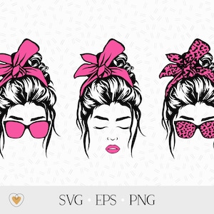 Messy bun svg, Girl with messy bun and glasses png, Leopard bandana svg, Girl face, Svg files for cricut