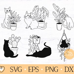 Gato con planta svg, Gato gracioso svg, Gato negro svg, Amante de las plantas svg, archivo png
