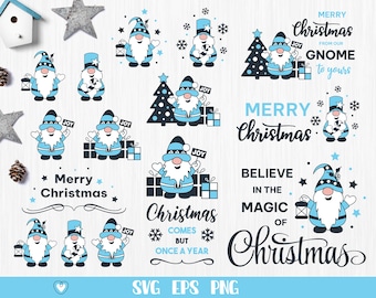 May include: A set of 12 digital Christmas gnome illustrations in blue and black. The gnomes are wearing hats and holding gifts, lanterns, and signs that say "Joy". The illustrations include the text "Merry Christmas", "Believe in the Magic of Christmas", and "Christmas comes but once a year".