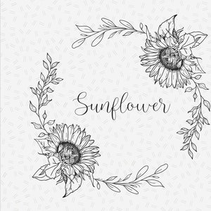 May include: A black and white line drawing of two sunflowers with leaves and stems forming a wreath. The word "Sunflower" is written in cursive in the centre of the wreath.
