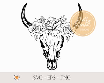 Teschio di toro floreale SVG: teschio di mucca con fiori, file PNG