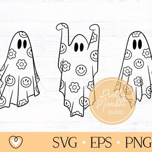 May include: Three black and white ghost illustrations. Each ghost is decorated with a pattern of smiley faces and flowers. The ghosts are in different poses, with one raising its arms. The image includes the text "SVG EPS PNG".