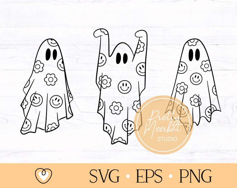May include: Three black and white ghost illustrations. Each ghost is decorated with a pattern of smiley faces and flowers. The ghosts are in different poses, with one raising its arms. The image includes the text "SVG EPS PNG".