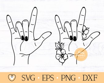 Puede incluir: Dos ilustraciones en blanco y negro de manos formando el símbolo del lenguaje de señas americano para "Te amo". La mano derecha tiene un pequeño diseño floral en la muñeca.