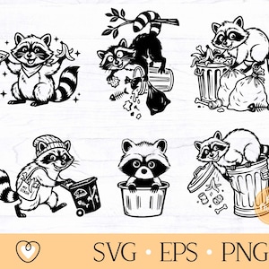 May include: Black and white illustrations of raccoons in various poses. One raccoon holds pizza and a banana, another is in a trash can, and others are near trash bags and bins. The image includes the text "SVG EPS PNG".