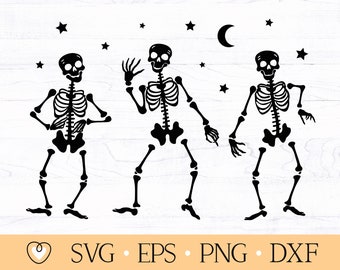May include: Three black skeleton figures dancing against a white woodgrain background with stars and a crescent moon.