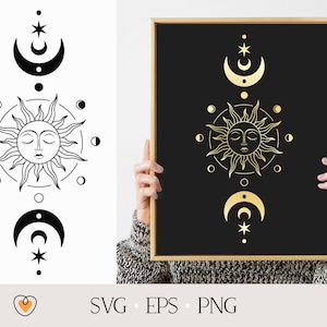 K&ouml;nnte beinhalten: Ein schwarzes und goldenes druckbares Wandkunstdesign mit einer Sonne mit einem Gesicht und einem zunehmenden Mond mit Sternen. Das Design ist gerahmt und wird von den H&auml;nden einer Person gehalten.
