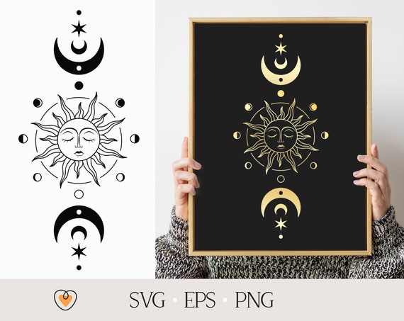 Sun and Moon Celestial SVG: Witchy Moon Phase PNG Files