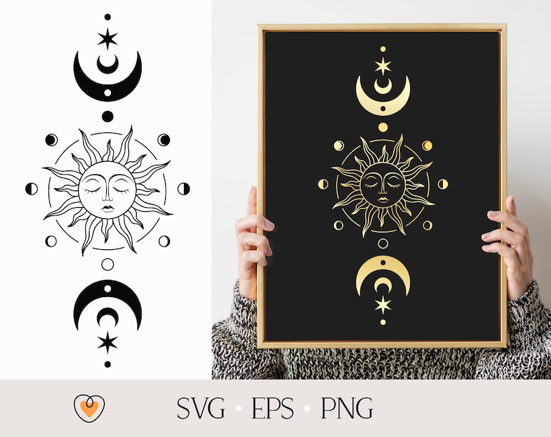 K&ouml;nnte beinhalten: Ein schwarzes und goldenes druckbares Wandkunstdesign mit einer Sonne mit einem Gesicht und einem zunehmenden Mond mit Sternen. Das Design ist gerahmt und wird von den H&auml;nden einer Person gehalten.