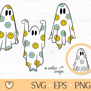 May include: A collection of ghost illustrations with a white background. The ghosts are decorated with yellow smiley faces and light blue flowers. The image also includes the text "+ outline images" and the file types "SVG EPS PNG".