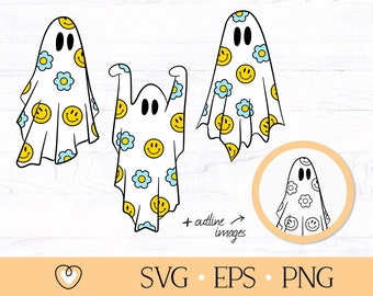 Groovy Halloween Ghost SVG: Smiley Face Daisy Design (PNG, EPS)