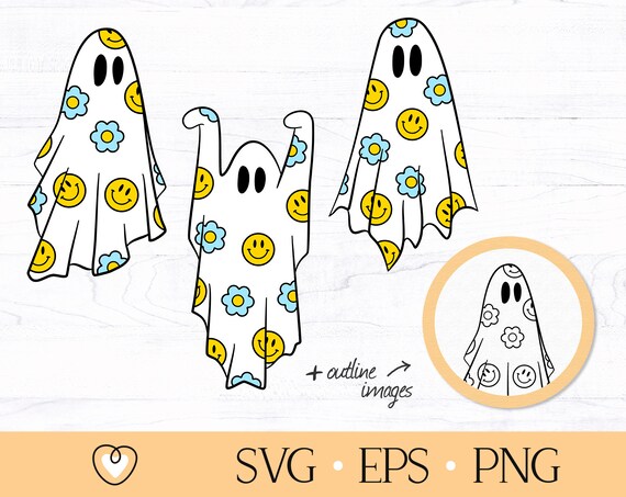 Groovy Halloween Ghost SVG: Smiley Face Daisy Design (PNG, EPS)