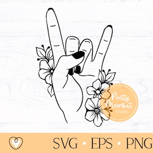Rock on hand svg #2, Heavy metal hand with flowers svg, Sign of the horns svg, png files