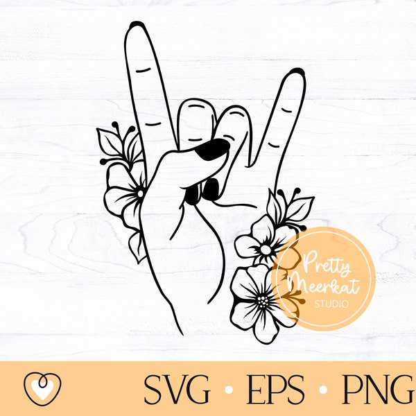 Rock on hand svg #2, Main heavy metal avec fleurs svg, Signe des cornes svg, fichiers png