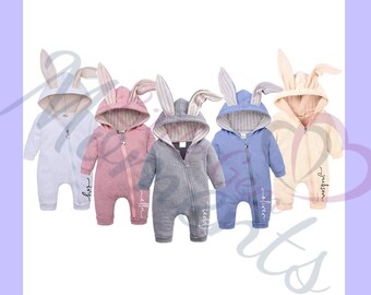 Personalised Easter Bunny Ear Outfit. Cute Baby Bunny Romper. All-in-one Baby Romper. Baby's First Easter. Gender Neutral. Zip Up All-in One