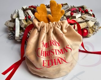 Personalised Christmas Reindeer Gift Bag. Velvet Reindeer Treat Bag. Christmas Party Favour Bag. Christmas Eve Gifts. Xmas for Gift Kids.