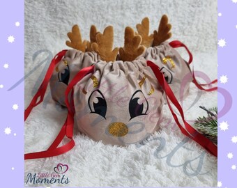 Personalised Christmas Reindeer Gift Bag. Velvet Reindeer Treat Bag. Christmas Party Favour Bag. Christmas Eve Gifts. Xmas for Gift Kids.