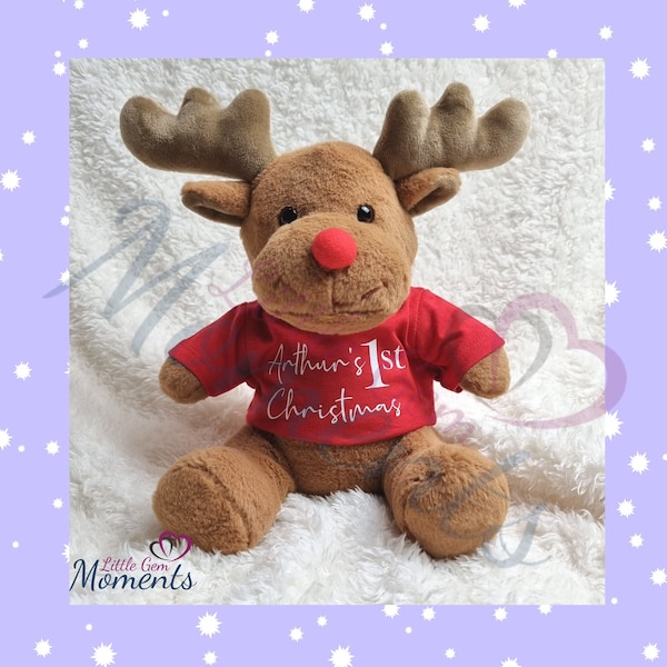 Personalised Christmas Reindeer Teddy. 26cm Reindeer Plush with T-shirt. 1st Christmas Reindeer Teddy. Baby's First Christmas Teddy.
