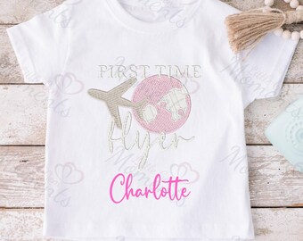 Personalised First Time Flyer Holiday T-shirts. Custom Airport Outfit. Kids 1st Time Flyer Top with Name. First Holiday Keepsake Tshirt.
