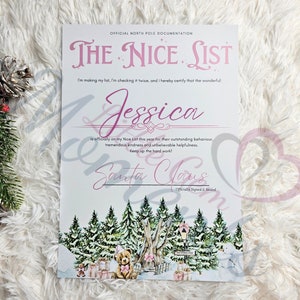 Certificato personalizzato rosa per la lista dei buoni. Dolcetto di Natale personalizzato per bambini. Riempitivi per scatole della vigilia di Natale. Bomboniere fatte a mano per le feste dei bambini.