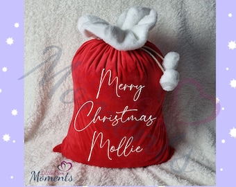 Luxury Red Plush Velvet Personalised "Merry Christmas" Santa Gift Sack - 50cm x 70cm. Red Velvet Large Christmas Santa Sack with Pom Poms.