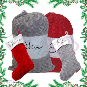 Personalised Luxury Plush Santa Sacks and Stocking Sets. Large Christmas Sacks with Name. Deluxe Fluffy Gift Sack and Stocking. Red or Grey.