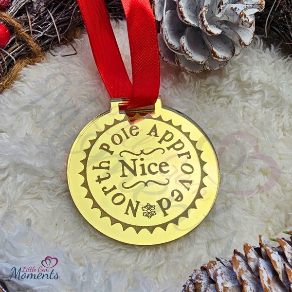 Christmas Nice List Medal, Official North Pole Approved, Gold Acrylic Medal with Red Ribbon, Christmas Eve Box Filler, Xmas Gift for Kids