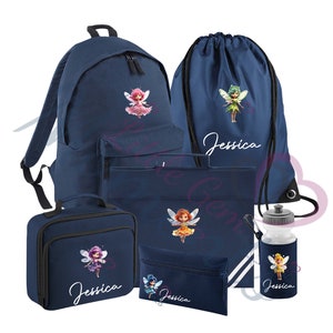 Lot d'accessoires indispensables pour la rentrée scolaire Mega Fairy personnalisé. Princesse fée personnalisée cartable/sac à lunch/trousse à crayons/bouteille d'eau/sac de sport