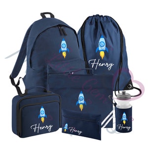 Lot personnalisé Mega Rocket Essentials pour la rentrée des classes. Sac d'école personnalisé/sac à lunch/trousse à crayons/bouteille d'eau/sac de sport/cartable personnalisé pour enfants.