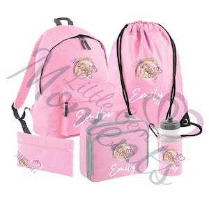 Méga lot d'articles essentiels pour la rentrée scolaire personnalisé. Licorne arc-en-ciel pour filles, cartable/sac à lunch/trousse à crayons/bouteille d'eau/sac de sport. Ensemble complet.