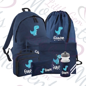 Lot personnalisé d'articles essentiels pour la rentrée des classes Méga dinosaure. Cartable/sac à lunch/trousse à crayons/bouteille d'eau/sac de sport/cartable. Ensemble scolaire complet