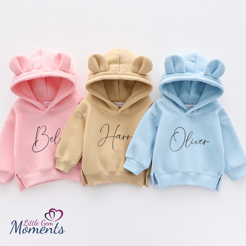 Personalised Bear Hoodie Matching Family Sizes. Pink Bear Hoodies. Blue Bear Hoodies. Beige Bear Hoodies. Match Family Name Hoodies. image 1