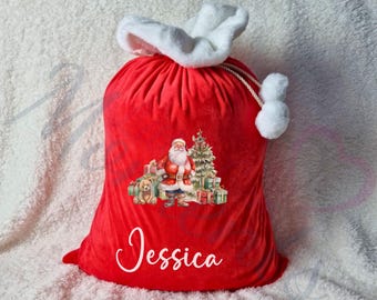 Luxury Red Plush Velvet Personalised Santa Claus Gift Sack - 50cm x 70cm. Custom Red Velvet Large Christmas Santa Sack with Pom Poms.