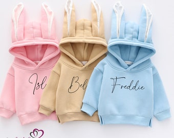 Sweat à capuche personnalisé avec oreilles de lapin de Pâques. Sweats à capuche Bunny Family pour enfants et adultes. Sweats à capuche assortis pour frères et sœurs. Tenue de Pâques avec nom pour la famille