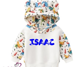 Personalised Boy Dinosaur Bear Ear Hoodie with Name. Dino Name Hoodie. Boys Bear Ear Hoodie. Kids Teddy Bear Ear Hoodie. Boy Hoody with ears