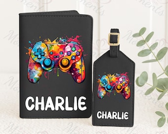 Personalised Passport Holder and Luggage Tag Matching Set. Custom Travel Set. Gift for Gamers. Boys Holiday Gift. Airport Accessories.