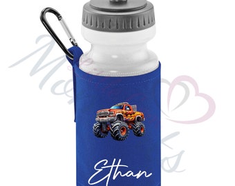 Personalised Kids Monster Truck Water Bottle & Holder. Quadra School Water Bottle with Fun Monster Truck Print. Back To School Essentials