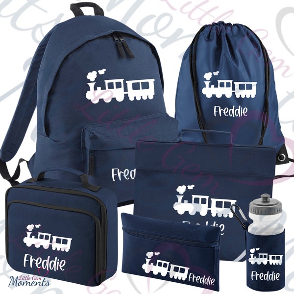 Personalised Train Mega Back To School Essentials Bundle. School Bag/Lunch Bag/Pencil Case/Water Bottle/Gym Bag/Book Bag. French Navy.